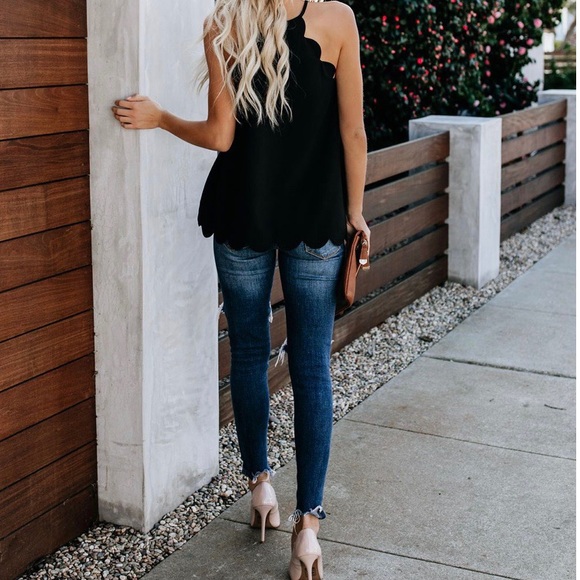 Black Scalloped Blouse Tank Sleeveless Top - Picture 2 of 4